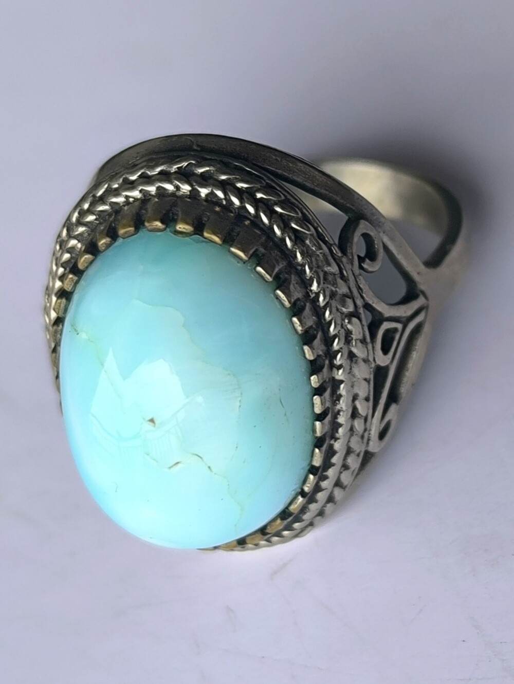 Huge Natural Blue Peruvian Opal Gemstone In German Silver Ring. Size 9